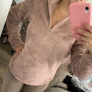 H&M Half Zip Faux Shearling Sweater in Pink